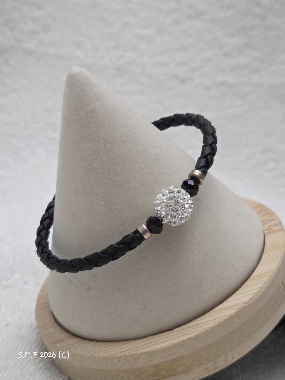 Vintage Black Braided Leather Bracelet w/Austrian Crystal Sphere Pave Accents